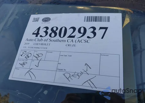 2019 Chevrolet Cruze Lt из США, поврежденный, VIN 1G1BE5SM6K7131458